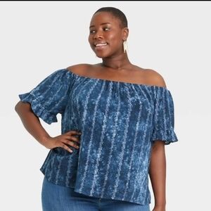 Knox Rose 1X Blue Tie Dye Embroidered Eyelet Off Shoulder Shirt Blouse Top